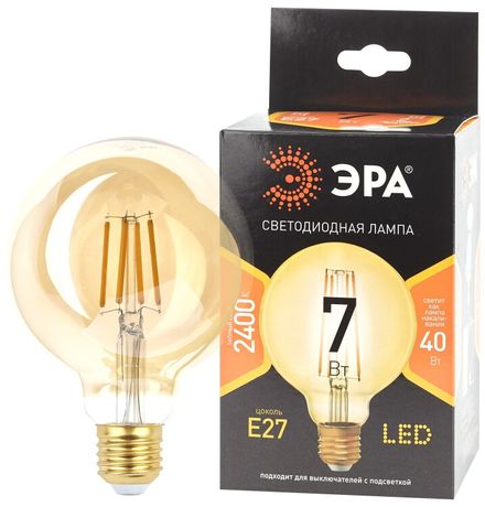 Лампа светодиодная филаментная F-LED G95-7W-824-E27 gold (филамент, шар зол, 7Вт, тепл, E27) (20/420) ЭРА - Б0047662
