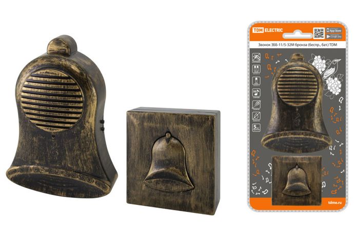 Звонок беспроводной на батарейках ЗББ-11/5-32М бронза (32 мелодии, кнопка IP30, 3х1,5В АА) | SQ1901-0029 TDM