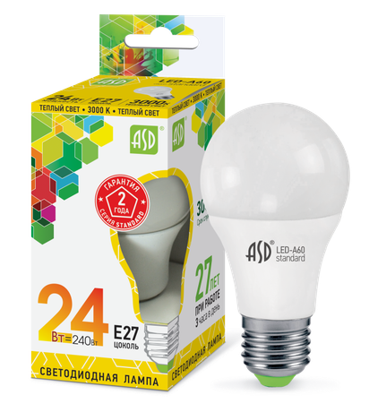 Лампа светодиодная LED-A65-standard 24Вт грушевидная 230В E27 3000К 2160лм ASD 4690612014265