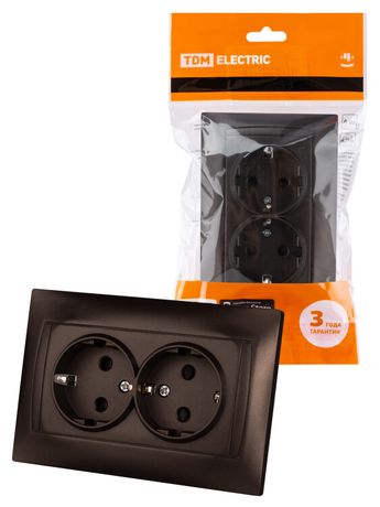 Розетка двойная 2П+З 16А 250В с защ. шт. шоколад "Лама" | SQ1815-0513 TDM