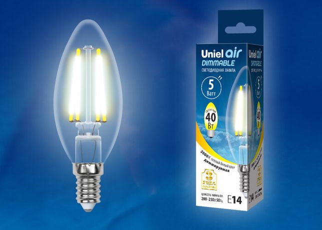 Лампа светодиодная LED-C35-5W/WW/E14/CL/DIM GLA01TR форма "свеча" прозр. Air теплый бел. 3000К диммир. упак. картон Uniel UL-00002860