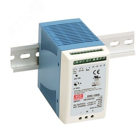 Блок питания AC-DC с функцией UPS, 96.6Вт, вход 90-264В АС,127-370В DC, выход 1: 13.8В,0-7 (4.5 ном.) А, зарядного устройства 13.8В,2.5А, в корпусе - Т02281683 Mean well DRC-100A