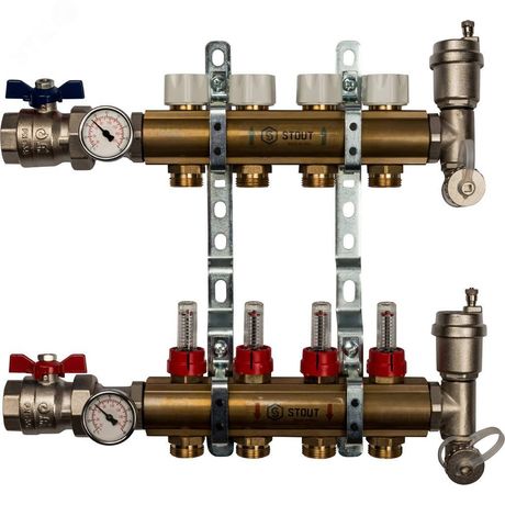 Коллекторная группа латунная 1' на 4 выходов со встроенными расходомерами - SMB 0473 000004 STOUT RG008P0SN2Q3VG