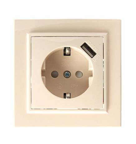Розетка одноместная с/з с защитной шторкой и USB, серия Эрна, слоновая кость, Stekker - PST16-9011-02 39237 FERON