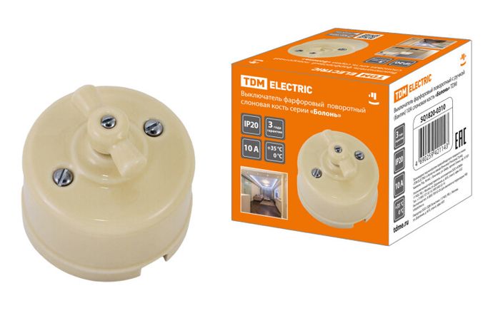 Выключатель фарфоровый поворотный с ручкой (бантик) 10А сл. кость «Болонь» | SQ1820-0310 TDM