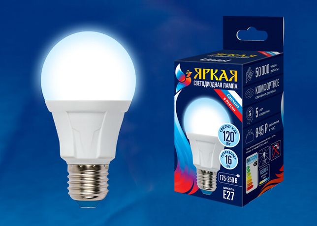 Лампа светодиодная LED-A60 16W/6500K/E27/FR PLP01WH LED. "груша", матовая. серия Яркая, пр-во Россия, 6500K . | UL-00005035 Uniel
