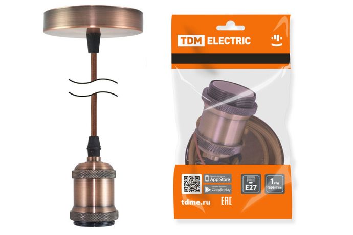 Патрон Е27 с подвесом 1 м, металлический "Лофт", медь | SQ0335-0072 TDM