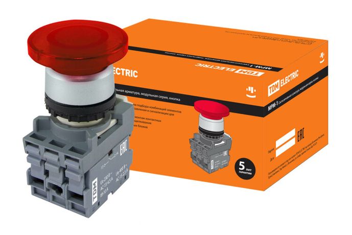 Кнопка грибовидная МРМ1-11R(LED) в сборе d40мм/24B 1з+1р красная | SQ0747-0034 TDM