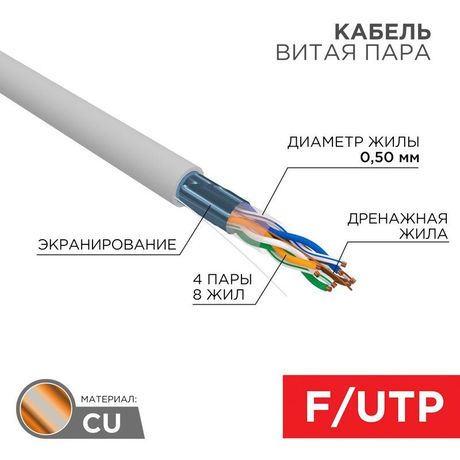 Кабель витая пара F/UTP, CAT 5e, PVC, 4PR, 24AWG, INDOOR, SOLID, серый, 305м, РФ REXANT | 01-0143-R MEET