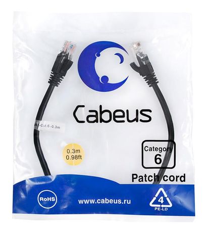 Патч-корд PC-UTP-RJ45-Cat.6-0.3m-BK U/UTP, категория 6, 2xRJ45/8p8c, неэкранированный, черный, PVC, 0.3м - 8661c Cabeus