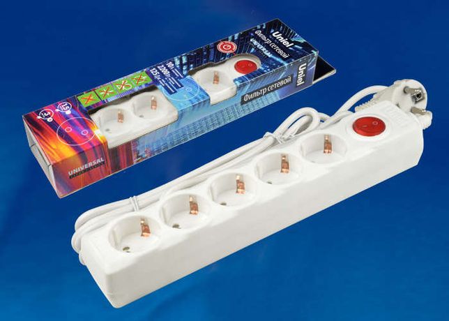 Удлинитель с сетевым фильтром 5х3м заземл. 10А Universal SGSU5-3 WHITE ПВС 3х0.75 защита от перенапряж. короткого замыкания Uniel UL-00001744