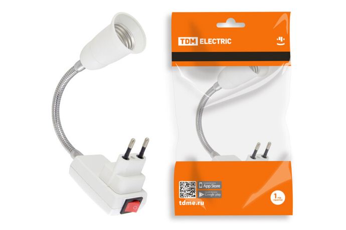 Переходник вилка-Е27 гибкий 150мм с выключателем, белый, | SQ0335-1012 TDM