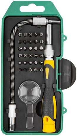 Отвертка с битами для точных работ, 30 CrV бит, гибкий переходник 190 мм, лупа, в пластиковом футляре - 56190 РОС