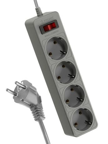 Удлинитель с сетевым фильтром 4х1.5м заземл. 10А IP20 2.2кВт 3х0.75 предохранителем выкл. индикатором сети КОСМОС FKsm1.5m-4g(G)