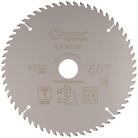 Диск пильный по дереву с тефлоновым покрытием 60Т, CUTOP Profi plus, 230 х 1,6/2,4 32/30/25,4/20 мм - 75-23060Т РОС