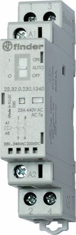 Контактор модульный 2NO 25А контакты AgSnO2 катушка 12В АС/DC 17.5мм IP20 переключатель Авто-Вкл-Выкл+механический индикатор/LED - 223200124340 FINDER