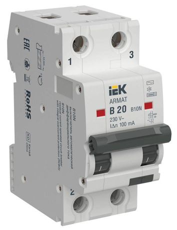 Выключатель автоматический дифференциального тока АВДТ B10N 2P B20 100мА тип AC ARMAT | AR-B10N-2-B020C100 IEK