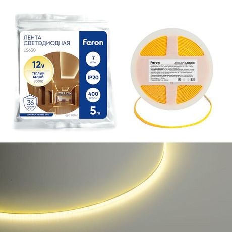 Лента светодиодная 400SMD(2110)/ 7Вт/м 12V 5000*3*1.8мм 3000K, IP20, LS630 FERON | 48947