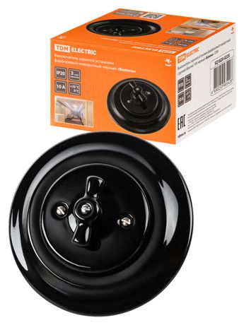 Выключатель скрытой установки фарфоровый поворотный с ручкой (бантик) 10А черный «Болонь» | SQ1820-0220 TDM