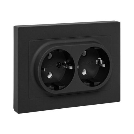 Механизм розетки двойной, 16А, с заземлением, без шторок, рамкой, чёрный Эпика EKF | UP1-SOB-210