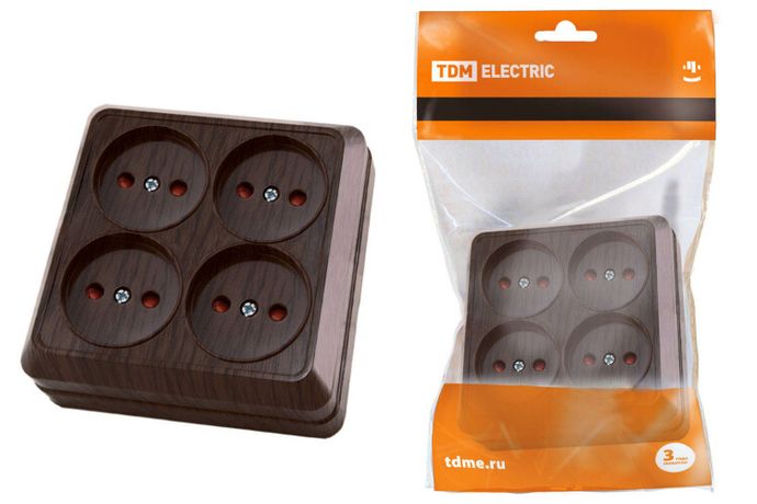 Розетка четырехместная 2П открытой установки IP20 10A с защитными шторками бук "Ладога" | SQ1801-0321 TDM