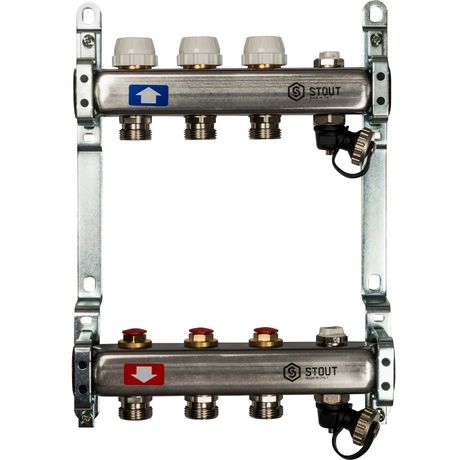 Блок коллекторный с ручными регулировочными клапанами 1' х 3 выходов 3/4' НР евроконус воздухоотводчиком и сливом - SMS 0932 000003 STOUT RG008Q1TNOH90F