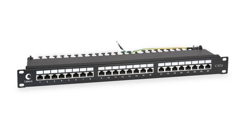 Патч-панель PL-24-Cat.6-SH-Dual IDC 19 (1U), 24 порта RJ-45, категория 6, полностью экранированная, с задним кабельным организатором - 7234c Cabeus