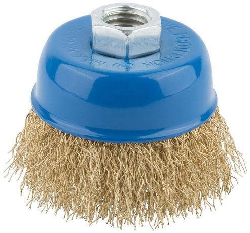 Корщетка тип "чашка" гайка М14 стальная латунированная волнистая проволока 65мм MOS 38941М