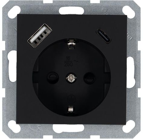 Розетка Shuko 16А с заземл. защ. шторки 2-мя заряд. устройствами USB тип A+C 25Вт механизм черн. матов. soft touch Jasmart G5501USB-25PB