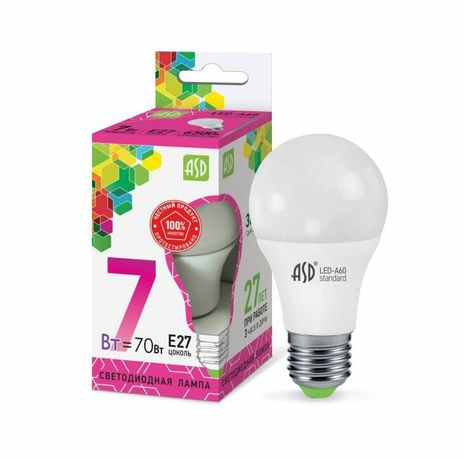 Лампа светодиодная LED-A60-standard 7Вт 230В Е27 6500К 630Лм | 4690612018997 ASD