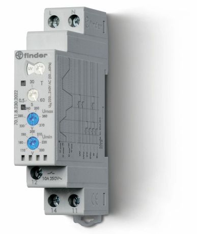 Контрольное реле для 1-фазных сетей; пониженное/повышенное напряжение, настраиваемые диапазоны; выход 1CO 10А | 701182302022 Finder