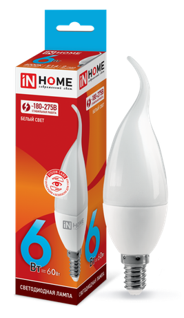 Лампа светодиодная LED-Свеча на ветру-VC 6Вт свеча ветру 4000К нейтр. бел. E14 540лм 230В IN HOME 4690612030395