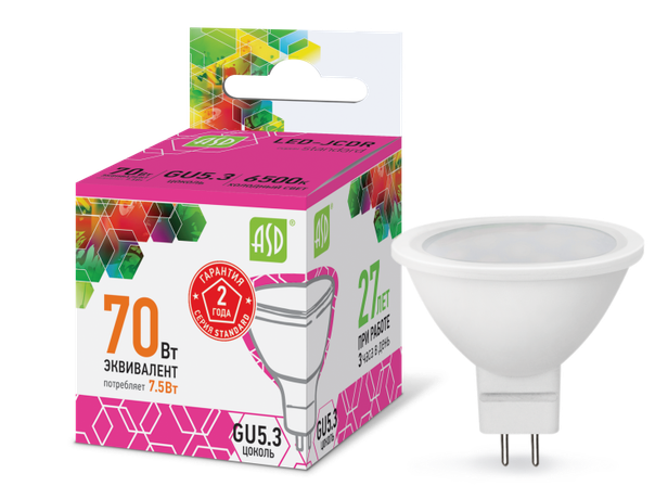 Лампа светодиодная LED-JCDR-standard 7.5Вт 230В GU5.3 6500К 675Лм | 4690612012278 ASD