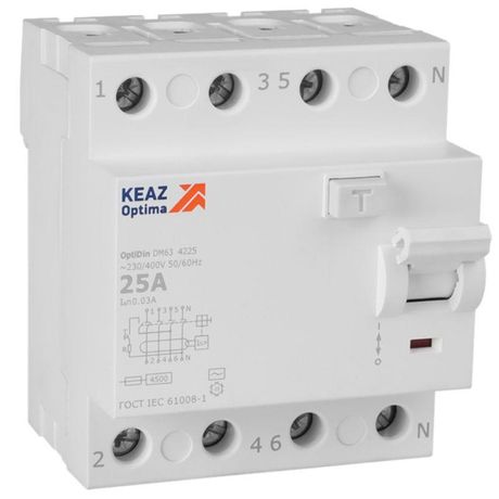 Выключатель дифференциального тока (УЗО) без защиты от сверхтоков 4П 25А 30мА AС 4,5кА OptiDin DM63-4225-AC-4,5-УХЛ4 - 343891 КЭАЗ