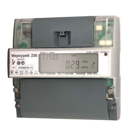 Счетчик Меркурий 236 ART-03 PQRS 3ф 5-10А класс точн. 0.5S/1.0 многотариф. оптопорт RS-485 на DIN-рейку ЖКИ юр. лица Екат. вр. Инкотекс М0000051672