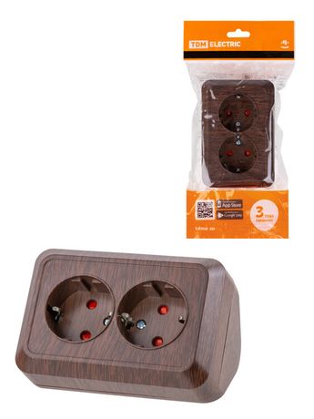 Розетка угловая двойная 2П+3 открытой установки с з/ш IP20 250В 16А бук "Ладога" | SQ1801-0343 TDM