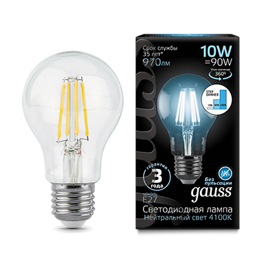 Лампа светодиодная филаментная LED 10 Вт 970 лм 4100К AC185-265В E27 А60 (груша) нейтральный шаговое диммирование выключателем Black Filament Gauss - 102802210-S