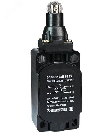 Выключатель путевой ВП 36-2102П-66 У2 1НО+1НЗ 3А IP66 толкатель с роликом безинерцион. 30х60мм без сальника Электротехник ET010883