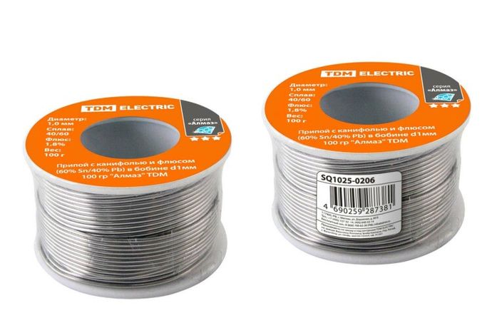 Припой с канифолью и флюсом (60% Sn/40% Pb) в бобине d1мм 100 гр "Алмаз" | SQ1025-0206 TDM