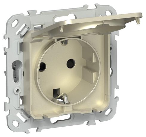 Розетка СП FLITE РСшкр11-1-44-ФлШ 16А IP44 с заземл. защ. шторками и крышкой безвинтовое крепление механизм шампань IEK FI-R16-16-1-44-K37 IEK (ИЭК) арт. FI-R16-16-1-44-K37