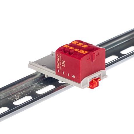 Блок распределительный с верт. адаптером на рейки шириной 15/35мм, зажим push-in, 1 ввод 6 кв.мм, точек подключения 2,5 красный - DTP1-106-104SPUR-V ДКС