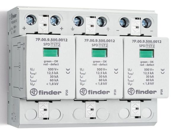 Устройство защиты от импульсных перенапряжений УЗИП тип 1+2 (3 варистора 1000В DC); модульный, ширина 108мм; | 7P0390001012 Finder 7P.03.9.000.1012
