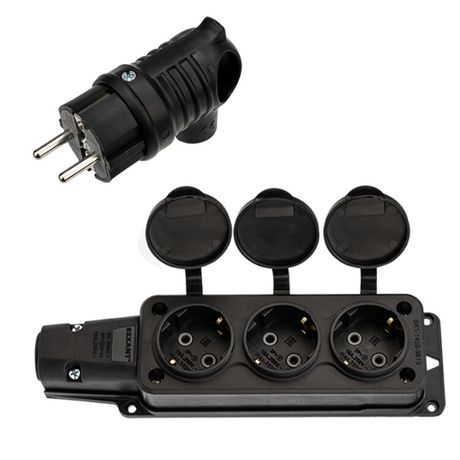 Набор розетка 3 гнезда + вилка угловая 16 А, 2Р+РЕ, IP54 каучук | 111-002-113 REXANT MEET