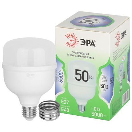 Лампа светодиодная высокой мощности LED 50 Вт 5000Лм 4000К T100 нейтральный E27/E40 (переходник) 170-265В POWER T100-50W-865-E27/E40 Green Line - Б0067036 ЭРА