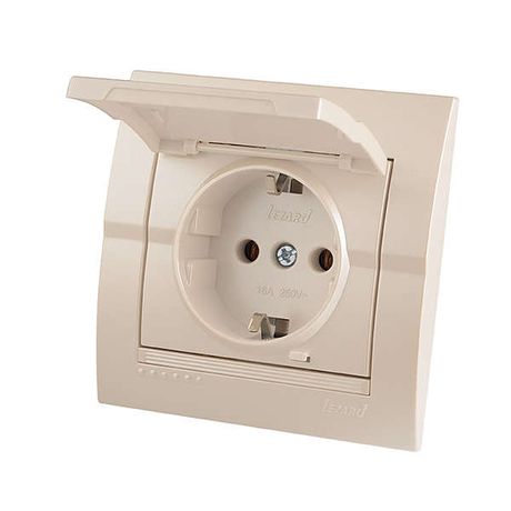Розетка 1-м СП Deriy 16А IP20 с заземл. защ. крышкой керамика жемчуж./бел. метал. LEZARD 702-3030-123
