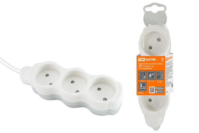 Удлинитель бытовой "Люкс" УЛ3 3 гнезда, 3м, б/з, с з/ш, ПВС 2х0,75 мм2 10А/250В бело-серый | SQ1303-0224 TDM