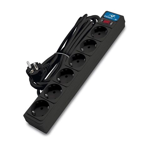 Удлинитель с сетевым фильтром 6х5м заземл 10А IP20 2.2кВт ПВС 3х1 выкл. черн. DOMTOK 2523