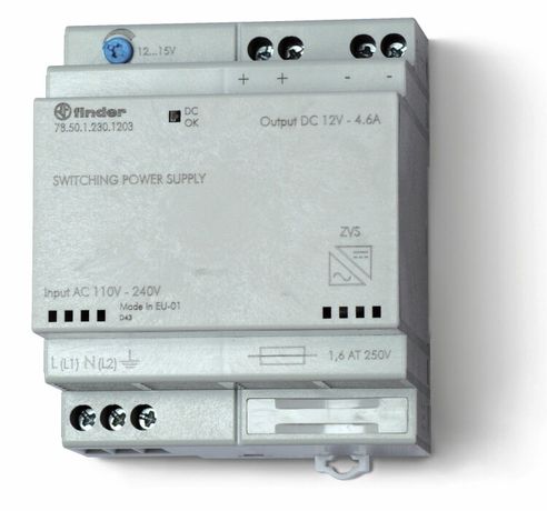 Импульсный источник питания; вход 110...240В AC; выход 12В DC, 50Вт; модульный, ширина 70мм; предохранитель входой цепи | 785112301203 Finder