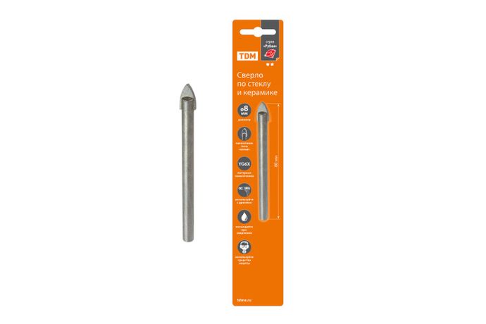 Сверло по стеклу и керамике 8 80 мм, 2 реж., лезвия, цилиндр. хв., блистер 1 шт, "Рубин" | SQ1091-0102 TDM