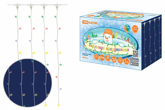 Гирлянда светодиодная "Занавес" 1,5х1,5 м, 168LED, многоцветн., 8 режимов, 250 В, IP20 | SQ0361-0070 TDM